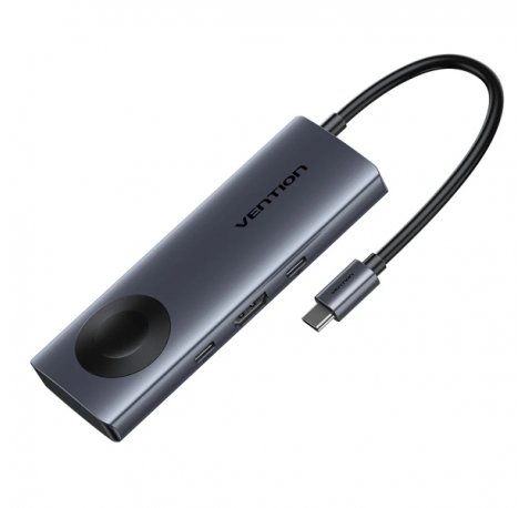 Vention Estacion de Docking 6 en 1 - 100W - Cable USB-C de 15cm Integrado - HDMI 4K - 2xUSB-C - 2xUSB-A - Power Delivery - Cargador Inalambrico - Color Gris