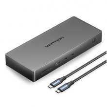 Vention Estacion de Docking 10 en 1 - 100W - Cable 0.5m - Ethernet RJ45 - HDMI 4K - Displayport - 5xUSB-C - USB-A - Tarjeta TF - SD - Power Delivery - Color Gris