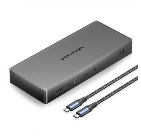 Vention Estacion de Docking 10 en 1 - 100W - Cable 0.5m - Ethernet RJ45 - HDMI 4K - Displayport - 5xUSB-C - USB-A - Tarjeta TF - SD - Power Delivery - Color Gris