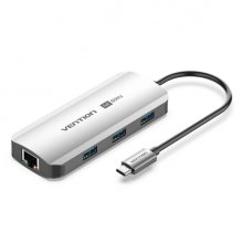 Vention Estacion de Docking 6 en 1 - 100W - Cable USB-C de 15cm Integrado - HDMI 4K - Ethernet RJ45 - 3xUSB-A - USB-C - Power Delivery - Color Gris