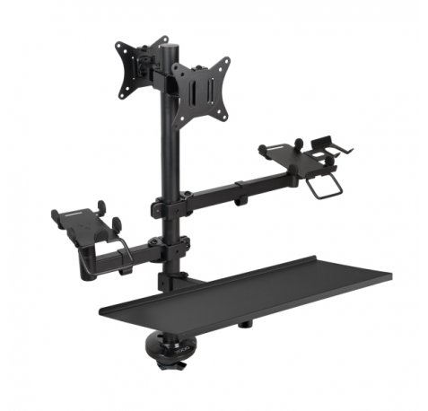 Tooq Soporte de Mesa para 2 Monitores de 17"-32" + Soportes para Impresora TPV, Lector de Codigos, Datafono + Bandeja para Teclado y Raton - Gestion de Cables - Peso Max 9kg x Brazo - VESA 100x100mm