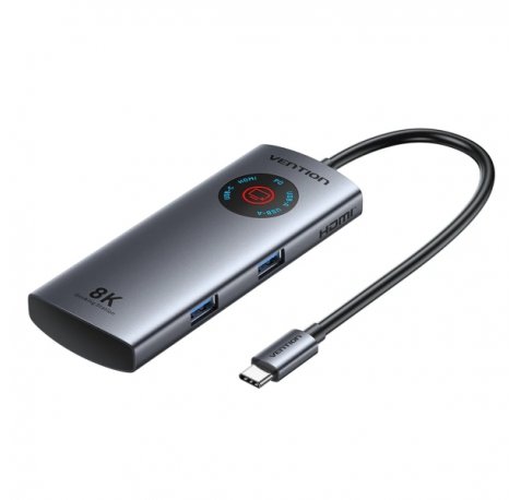 Vention Estacion de Docking 5 en 1 - 100W - Cable USB-C de 15cm Integrado - Pantalla LED - 2xUSB-C - 2xUSB-A - HDMI 8K - Power Delivery - Color Gris