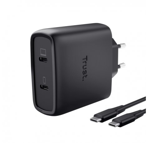 Trust Maxo Cargador de Pared - 65W - GaN - 2xUSB-C - Cable USB-C de 2m - Power Delivery - Plastico Reciclado - 30x63x97mm - Color Negro