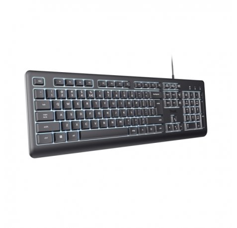 Trust Primo Teclado de Formato Completo con Cable USB-C - Retroiluminacion LED - Proteccion contra Derrames - 104 Teclas Silenciosas - Adaptador USB-A - 22x184x436mm - Color Negro