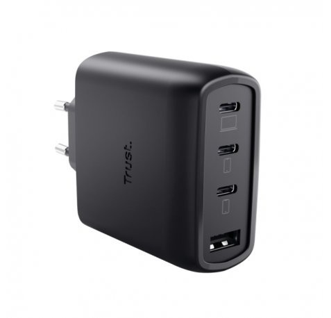 Trust Maxo Cargador de Pared - 65W - GaN - 3xUSB-C - USB-A - Cable USB-C de 2m - Power Delivery - Plastico Reciclado - 30x63x97mm - Color Negro