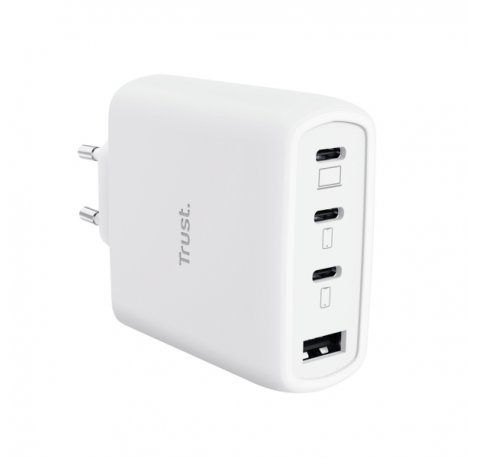 Trust Maxo Cargador de Pared - 65W - GaN - 3xUSB-C - USB-A - Cable USB-C de 2m - Power Delivery - Plastico Reciclado - 30x63x97mm - Color Blanco