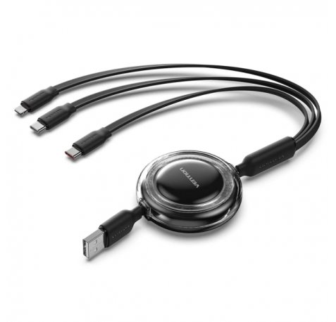 Vention Cable USB Multiple - Longitud Ajustable hasta 1.1m - Retractil - USB-A - 2xUSB-C - Lightning - Velocidad hasta 480Mbps - Color Negro