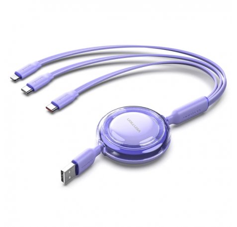 Vention Cable USB Multiple - Longitud Ajustable hasta 1.1m - Retractil - USB-A - 2xUSB-C - Lightning - Velocidad hasta 480Mbps - Color Morado
