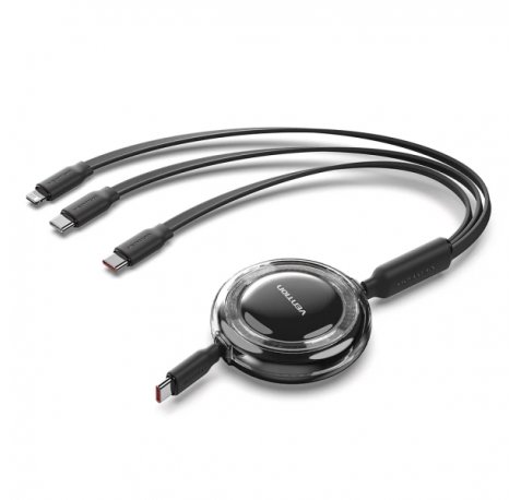 Vention Cable USB Multiple - Potencia Maxima 100W - Retractil - Longitud Ajustable hasta 1.1m - USB-A - 2xUSB-C - Lightning - Velocidad hasta 480Mbps - Color Negro