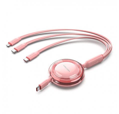 Vention Cable USB Multiple - Potencia Maxima 100W - Retractil - Longitud Ajustable hasta 1.1m - USB-A - 2xUSB-C - Lightning - Velocidad hasta 480Mbps - Color Rosa