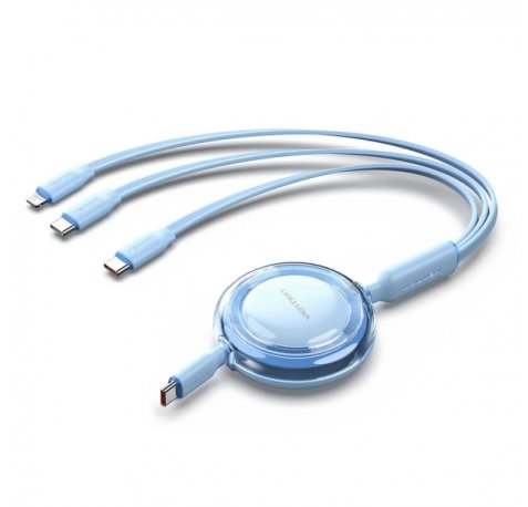 Vention Cable USB Multiple - Potencia Maxima 100W - Retractil - Longitud Ajustable hasta 1.1m - USB-A - 2xUSB-C - Lightning - Velocidad hasta 480Mbps - Color Azul