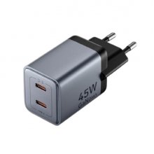 Vention Cargador de Pared - 45W - GaN - Cable de 1m Incluido - 2xUSB-C - Power Delivery 3.0 - Qualcomm 3.0 - Carga Rapida - Color Gris
