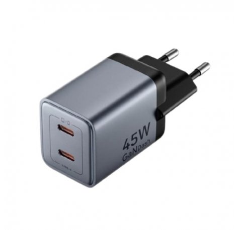 Vention Cargador de Pared - 45W - GaN - Cable de 1m Incluido - 2xUSB-C - Power Delivery 3.0 - Qualcomm 3.0 - Carga Rapida - Color Gris
