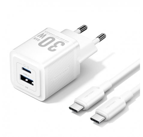 Vention Cargador de Pared GaN USB-C 30W - Cable USB-C 1m - Color Blanco