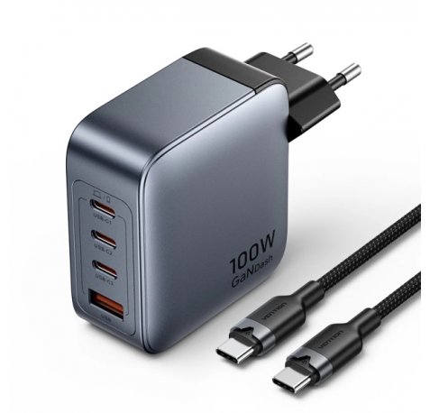 Vention Cargador de Pared - 100W - GaN - Cable de 1m Incluido - 3xUSB-C - USB-A - Carga Rapida - Color Gris