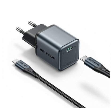 Vention Cargador de Pared - 20W - GaN - Cable USB a Lightning de 1m - USB-C - Power Delivery 3.0 - Qualcomm 3.0 - Carga Rapida - Color Gris