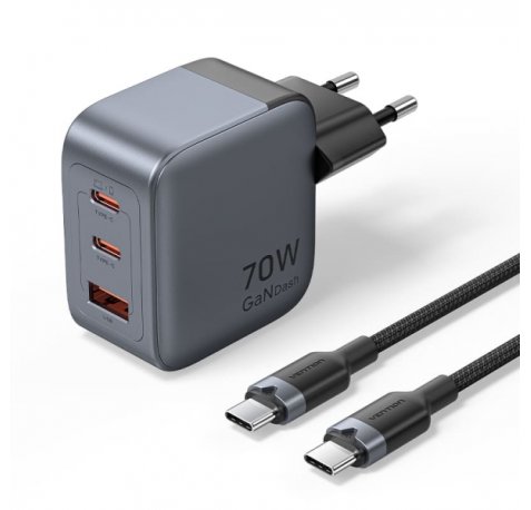 Vention Cargador de Pared - 70W - GaN - Cable de 1m Incluido - 2xUSB-C - USB-A - Carga Rapida PD - Tecnologia PPS - Color Gris
