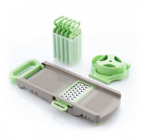 Innovagoods Choppie Mandolina 6 en 1 con Rallador - Plegable - Multifuncion - Incluye Accesorios - Facil Limpieza - Compacto y Ligero - Seguro - 14.5x14x16cm - Color Verde y Gris