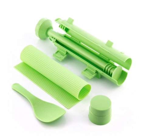 Innovagoods Suzooka Set de 3 Piezas para Sushi - Libre de BPA - Incluye Esterilla - Facil de Limpiar - Incluye Recetario - Color Verde