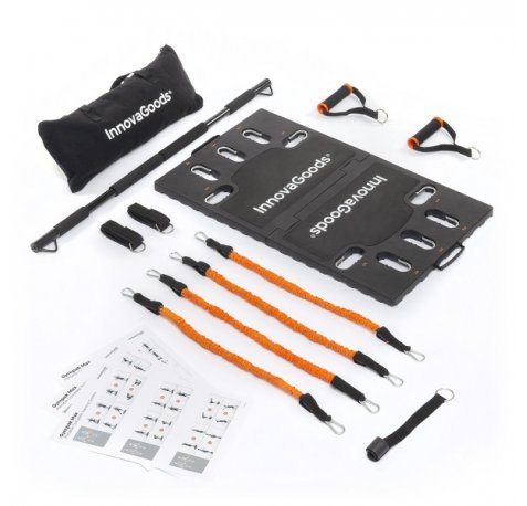 Innovagoods Gympak Max Set de Entrenamiento Integral Portatil - Resistencia Ajustable - Compacto - Guia de Ejercicios - Bolsa de Transporte - Base Antideslizante - 51x87x3cm - Color Negro y Naranja