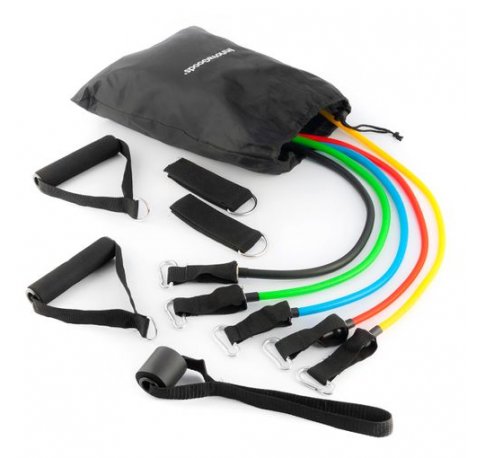 Innovagoods Rebainer Set de 5 Bandas de Resistencia con Accesorios - Resistencia Ajustable - Guia de Ejercicios - Portatil - Mangos de Espuma - Accesorios Incluidos - Colores Segun Nivel -