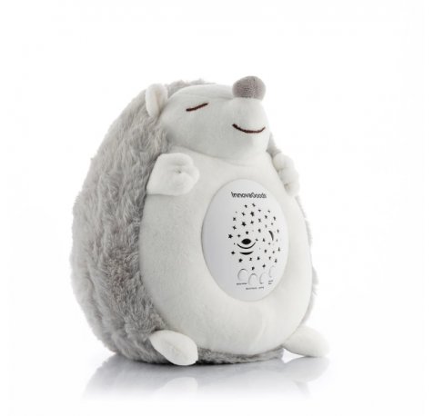 Innovagoods Spikey Erizo de Peluche con Ruido Blanco y Proyector Quitamiedos - Luz LED RGB - Apagado Automatico - Estrellas y Lunas en el Techo - 16x19x15cm - Color Blanco y Gris