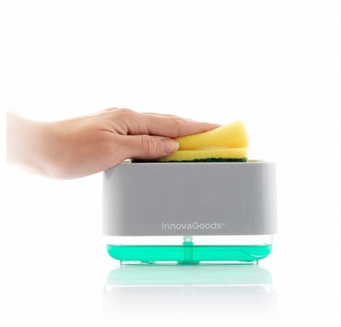 Innovagoods Pushoap Dispensador de Jabon 2 en 1 - Capacidad 330ml - ABS y Poliestireno - Multifuncion - Antibacteriano - Contenedor Transparente - 13.7x7.5x9.7cm - Color Gris