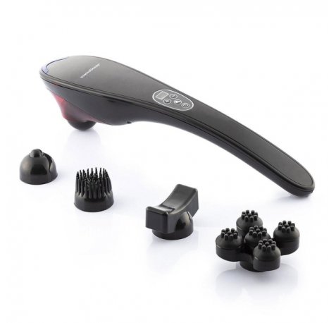 Innovagoods Masfin Masajeador de Mano Recargable - 16W - Bateria 1800mAh - Cable 95cm - Recargable - 5 Cabezales Intercambiables - Funcion Calor Infrarrojo - 11x45x8cm - Color Negro
