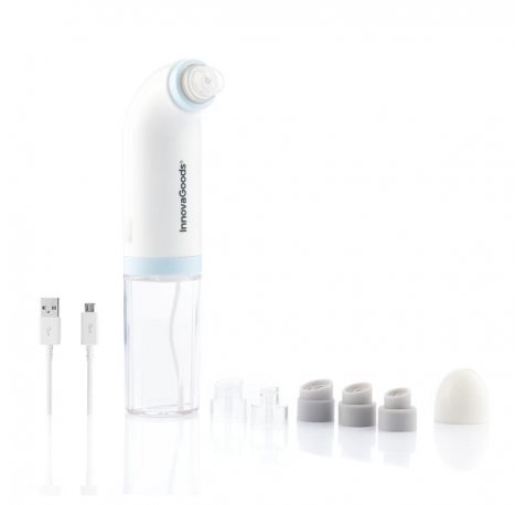 Innovagoods Hyser Hidrolimpiador Facial de Impurezas Recargable - Bateria 400mAh - 2 Depositos de 40ml - Cable 80cm - Recargable - Cabezales Incluidos - 20.5x8cm - Color Blanco