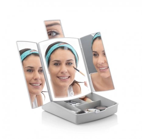 Innovagoods Panomir Espejo con Organizador de Maquillaje 3 en 1 - Inalambrico - Luz LED - 4 Compartimentos - Plegable - Pies Antideslizantes - 38.5x33.5x29cm - Color Gris