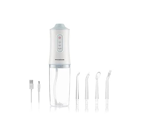 Innovagoods Denter Irrigador Dental Inalambrico - Potencia 4W - Presion 110psi - Bateria 2000mAh - Deposito de 220ml - IPX6 - Recargable - 6x21.3cm - Color Blanco