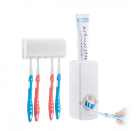 Innovagoods Diseeth Dispensador de Pasta Dental con Organizador para 5 Cepillos - Multifuncion - Facil Limpieza - Adhesivos de Calidad Incluidos - Color Blanco