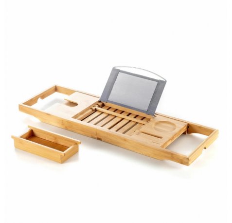Innovagoods Trayth Bandeja Extensible de Bambu hasta 104cm - Soporta hasta 12kg - Incluye Accesorios - Antideslizante - Atril Plegable - Soporte de Vasos y Copas - 104x22x4cm - Color Madera