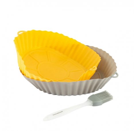 Innovagoods Mollicon Pack de 2 Cestas de Silicona para Freidoras de Aire - Antiadherente - Apto Lavavajillas - Libre de BPA - Facil Limpieza - Pincel - 24.5x4.5x21.5cm - Color Gris y Naranja