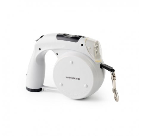 Innovagoods Leashic Correa Retractil 6 en 1 - Luz LED - Reloj - Compartimento de Bolsas y Comida - Bebedero - Extension hasta 4m - Apto hasta 35kg - Incluye Bolsas - 18x13.5x7.5cm - Color Gris y Negro