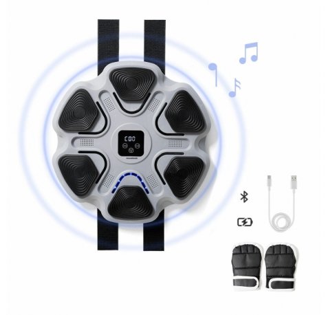 Innovagoods Beatfist Maquina de Boxeo Musical con 6 Paneles - Bluetooth - Pantalla Digital - Luces LED - Guantes Incluidos - 9 Velocidades - 37.5x37.5x5cm - Color Gris y Negro