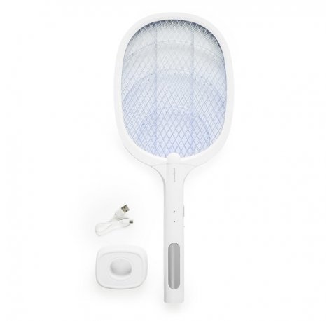 Innovagoods Elecfly Raqueta Matainsectos Recargable con Luz UV 2 en 1 - Funcion Lampara - 3000 Voltios - Bateria de 500mAh - Antidescargas Accidentales - 3.3x52.5x21.6cm - Color Blanco