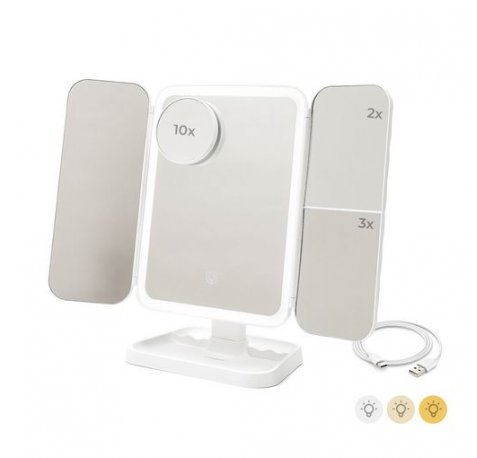 Innovagoods Miled Espejo de Maquillaje Triptico - Tactil - Bateria 2000mAh - Cable USB-C Incluido - Luz LED - Recargable - Plegable - Pies Antideslizantes - 21x32x13cm - Color Blanco
