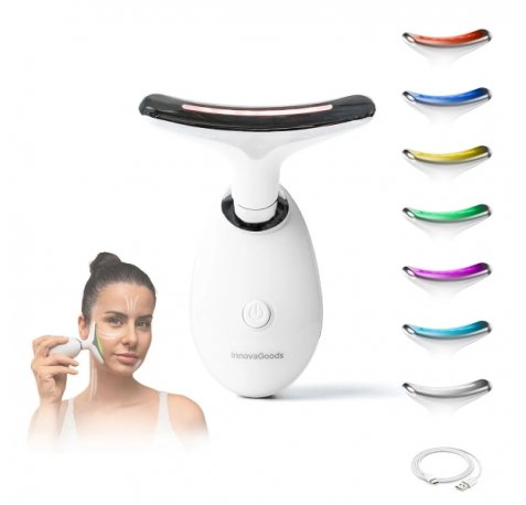 Innovagoods Selora Masajeador Facial Electrico Reafirmante para Cara y Cuello - Autonomia 60min - 500mAh - Termoterapia - Luz LED - Recargable - Autoapagado - Electroestimulacion - Color Blanco