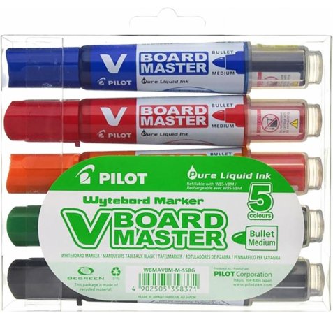 Pilot V-Board Master Begreen Pack de 5 Rotuladores para Pizarra Blanca - Punta Redonda 6mm - Trazo 2.3mm - 91% Plastico Reciclado - Recargable - Colores Surtidos