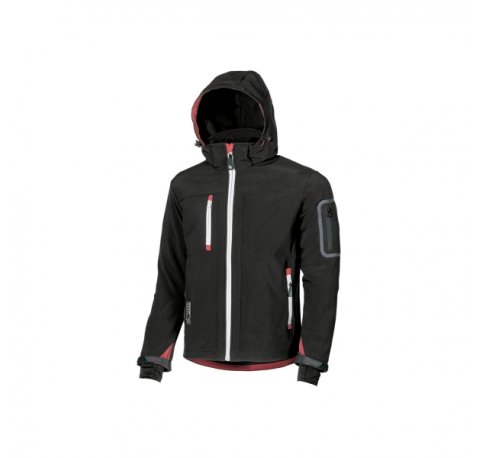 Upower Metropolis Soft Shell de Trabajo - Talla L - Tejido Elastico Cortavientos, Transpirable, Resistente al Agua, Capucha Desmontable, Multiples Bolsillos, Proteccion DPI1 - Color Negro Carbon