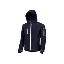 Upower Metropolis Soft Shell de Trabajo - Talla L - Tejido Elastico Cortavientos, Transpirable, Resistente al Agua, Capucha Desmontable, Bolsillos Soldados, Proteccion DPI1 - Color Azul Marino