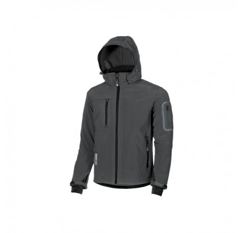 Upower Metropolis Soft Shell de Trabajo - Talla 4XL - Tejido Elastico Cortavientos, Transpirable, Resistente al Agua, Capucha Desmontable, Mangas Preformadas, Proteccion DPI1 - Color Gris Meteorito