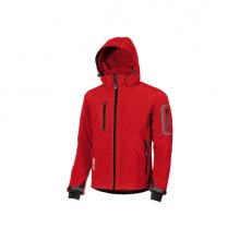 Upower Metropolis Soft Shell de Trabajo - Talla L - Tejido Elastico Cortavientos, Transpirable, Resistente al Agua, Multiples Bolsillos Funcionales, Capucha Desmontable, Proteccion DPI1 - Color Rojo Magma