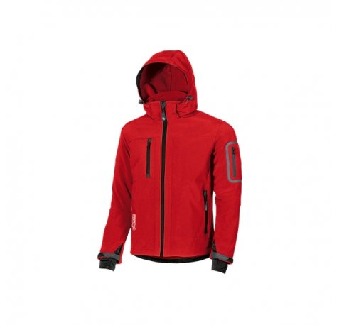 Upower Metropolis Soft Shell de Trabajo - Talla S - Tejido Elastico Cortavientos, Transpirable, Resistente al Agua, Multiples Bolsillos Funcionales, Capucha Desmontable, Proteccion DPI1 - Color Rojo Magma