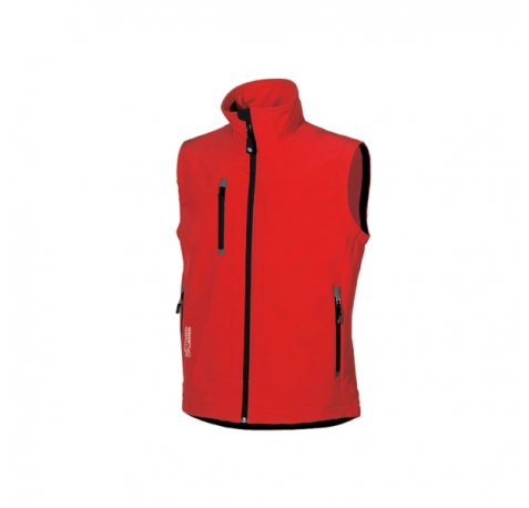 Upower Climb Chaleco de Trabajo Soft Shell - Talla S - Tejido Elastico Transpirable, Resistente al Viento y Agua, Bolsillo para Movil con Cremallera, Proteccion DPI1 - Color Rojo Magma