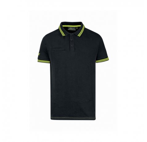 Upower Way Polo Hombre Manga Corta - Talla L - Algodon Stretch, Ajuste Slim Fit, Ribetes en Contraste, Cierre Tres Botones, Aberturas Laterales, Proteccion DPI1 - Color Negro Carbon