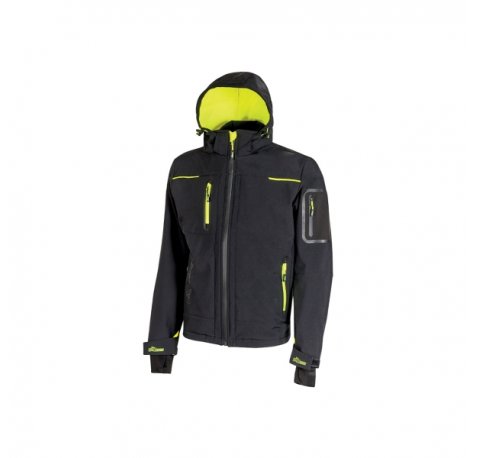 Upower Space Chaqueta Softshell - Talla 5XL - Membrana U-Tex, Repelente al Agua, a Prueba de Viento, Forro Micropolar, Capucha Desmontable, Cremalleras Fluorescentes, Proteccion DPI1 - Color Negro Carbon