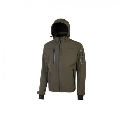 Upower Space Chaqueta Softshell - Talla S - Repelente al Agua, a Prueba de Viento, Forro Micropolar, Capucha Desmontable, Cremalleras Fluorescentes, Proteccion DPI1 - Color Verde Oscuro