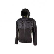 Upower Spock Chaqueta Hibrida Transpirable y Antiviento - Talla S - Cierre Impermeable, Capucha Ajustable, Plumon sin Costuras, Bolsillos Fluorescentes, Proteccion DPI1 - Color Negro Carbon
